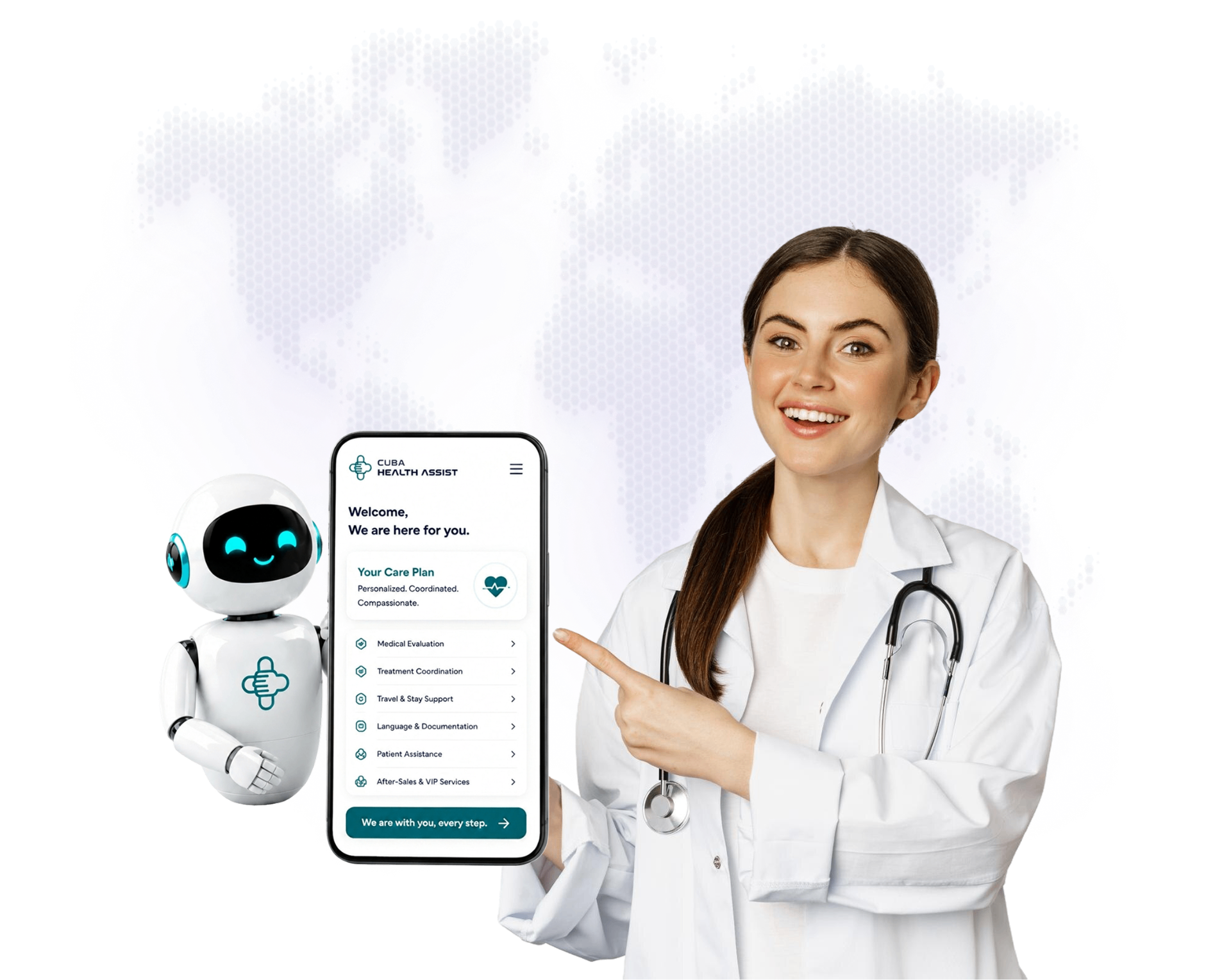 Cuba Health Assist — friendly assistant robot showing the care plan app beside a professional doctor on a world map